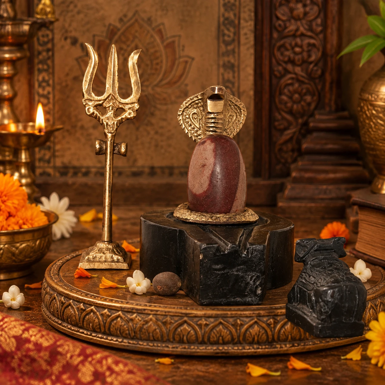 Front display of black Shivling base with brown lingam, brass trishul and separate black Nandi idol