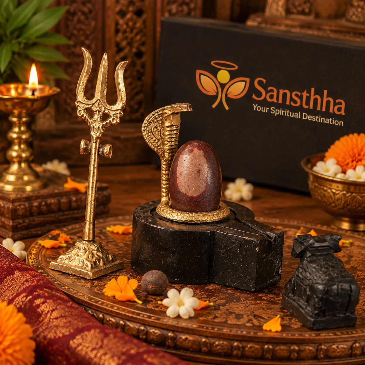 Side-front view highlighting cobra hood behind the lingam, brass trishul and black Nandi figure