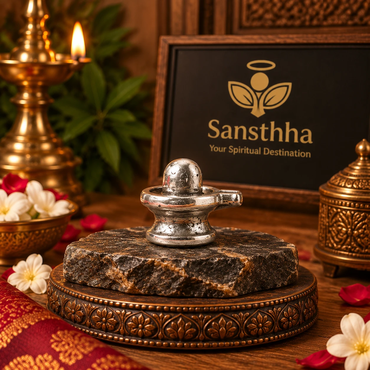 Side view of the metallic Shivling highlighting the spout detail and reflective finish on stone platform
