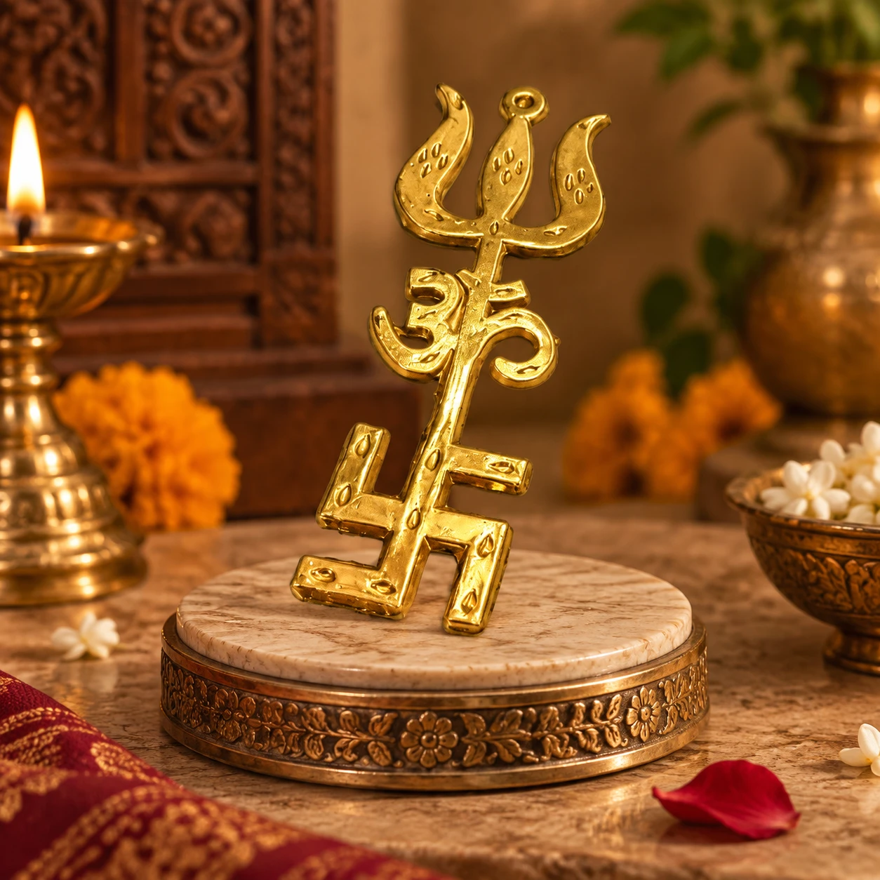 Close front-centered view of the polished brass Om Trishul Swastik décor with floral carved stand