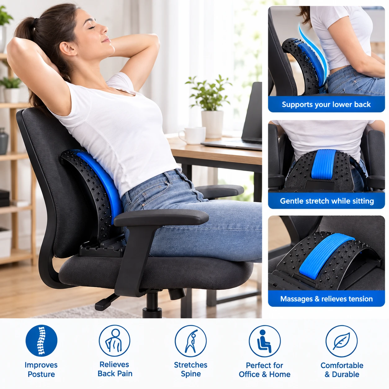Lumbar stretcher on office chair with lifestyle demo, close-up insets, and posture support benefit icons