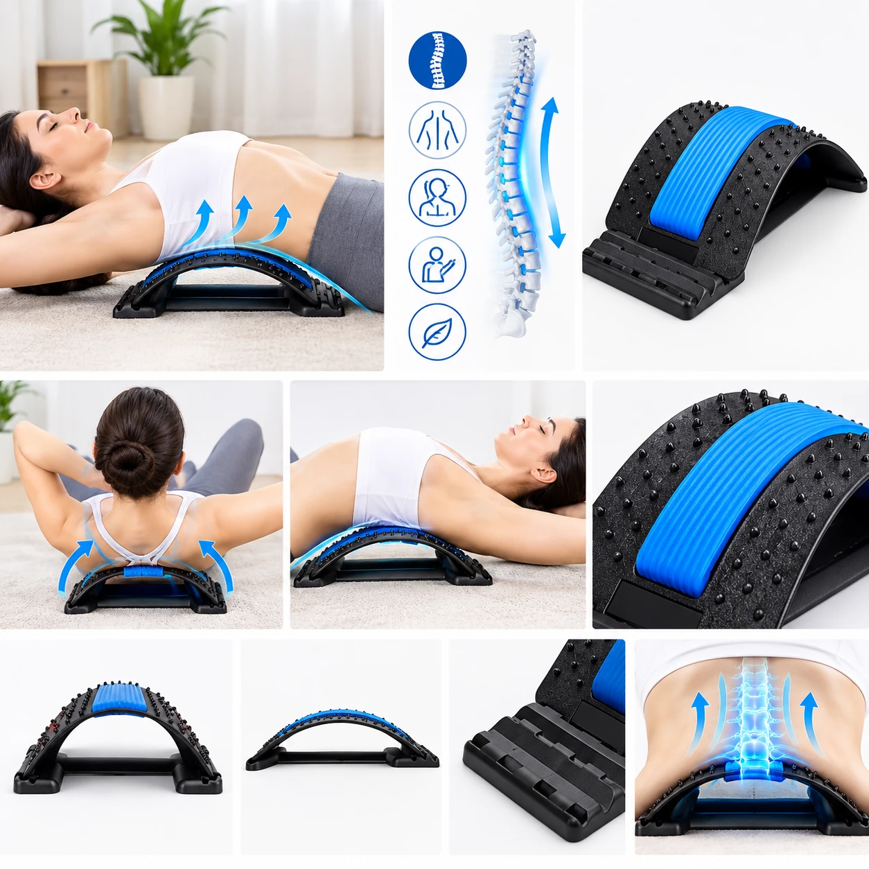 Collage showing the back stretcher in use on the floor, spine alignment graphic, and close-ups of its arched frame