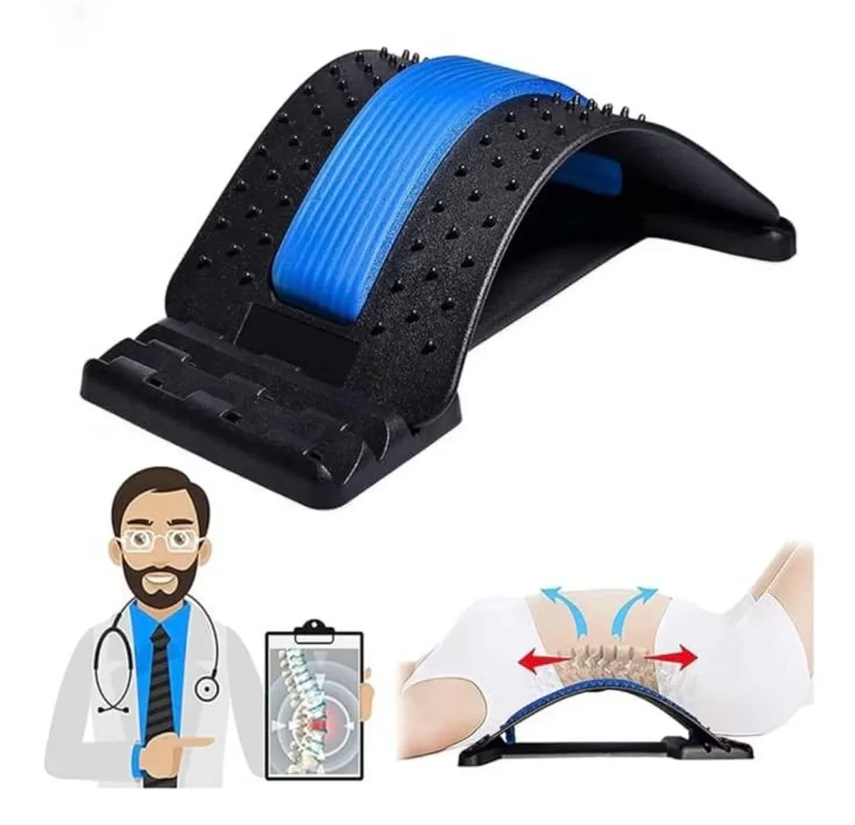 Black back stretcher with blue center pad and acupressure bumps, with doctor icon and spine support graphic