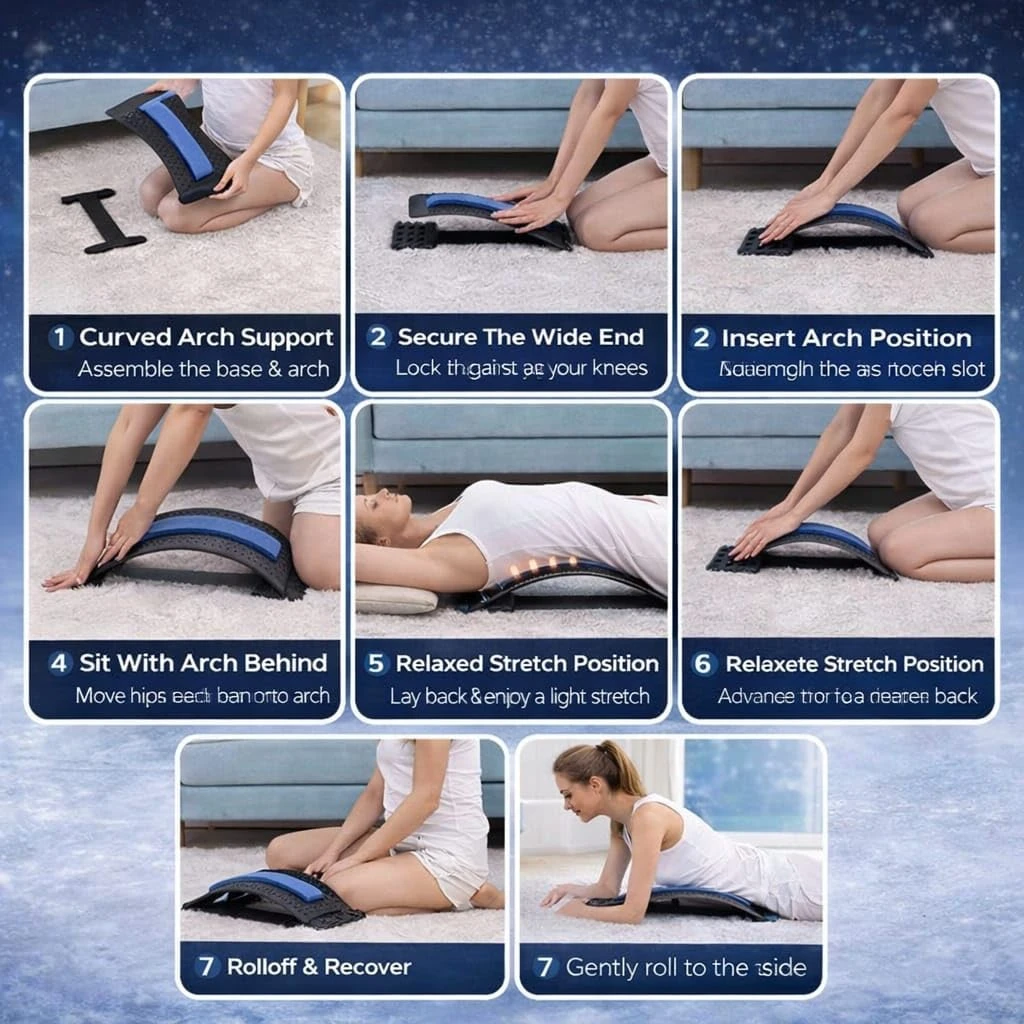 Step-by-step infographic showing assembly and use of the black back stretcher with blue pad on carpet