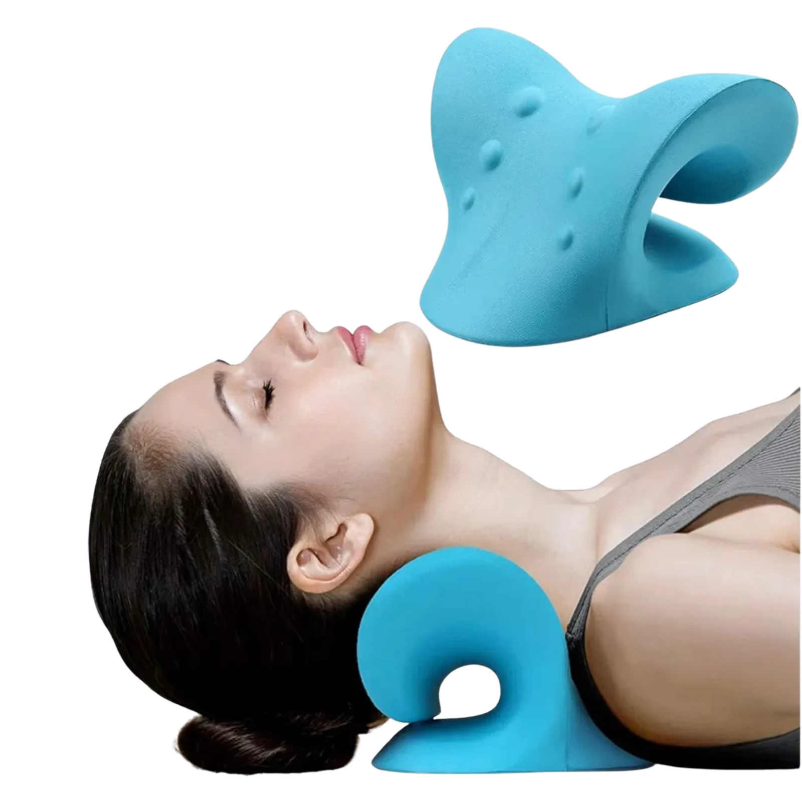 Blue ergonomic neck stretcher shown supporting a woman’s neck, with side view and raised pressure nodes visible