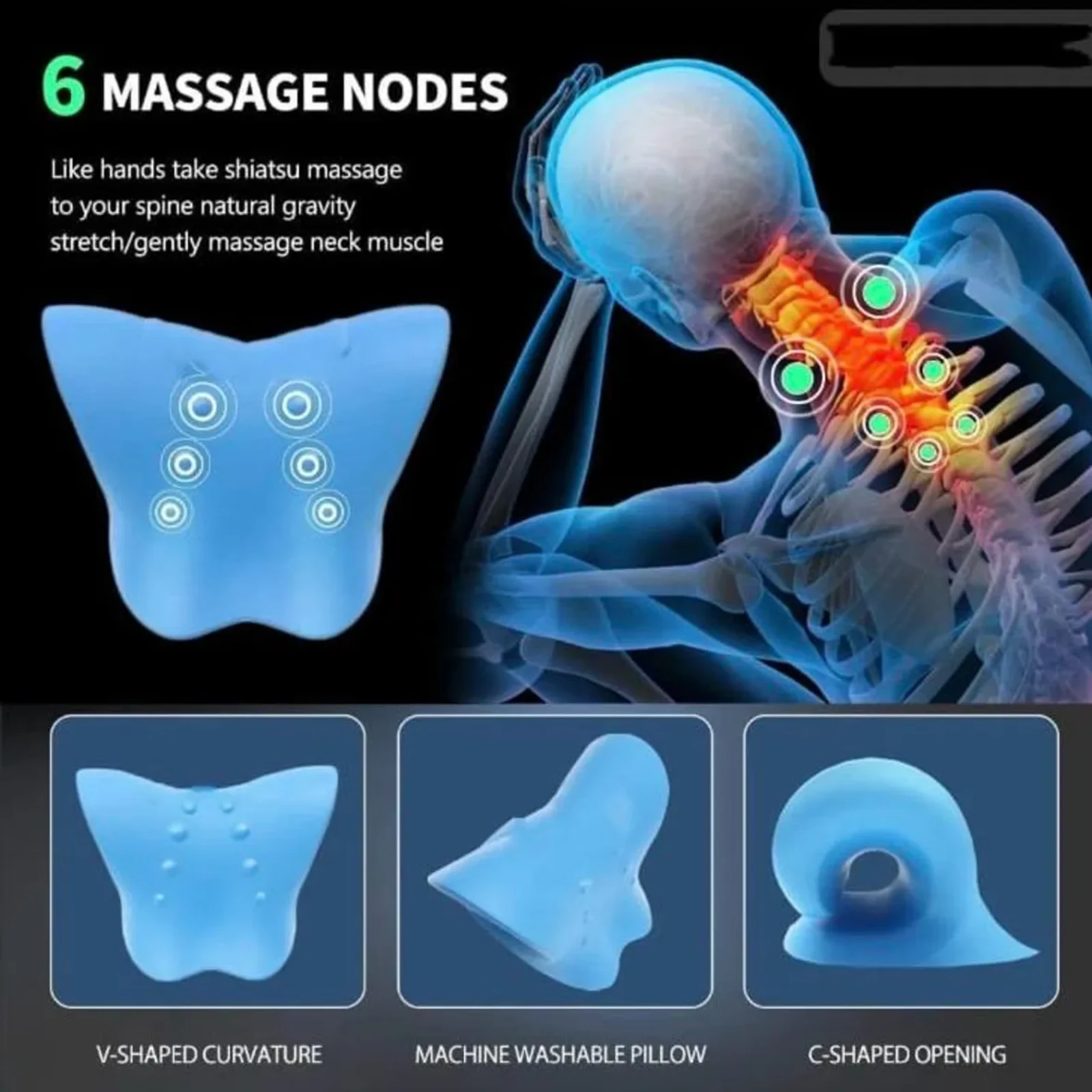 Infographic showing blue neck stretcher with six massage nodes, V-shaped curve, washable pillow and C-shaped opening