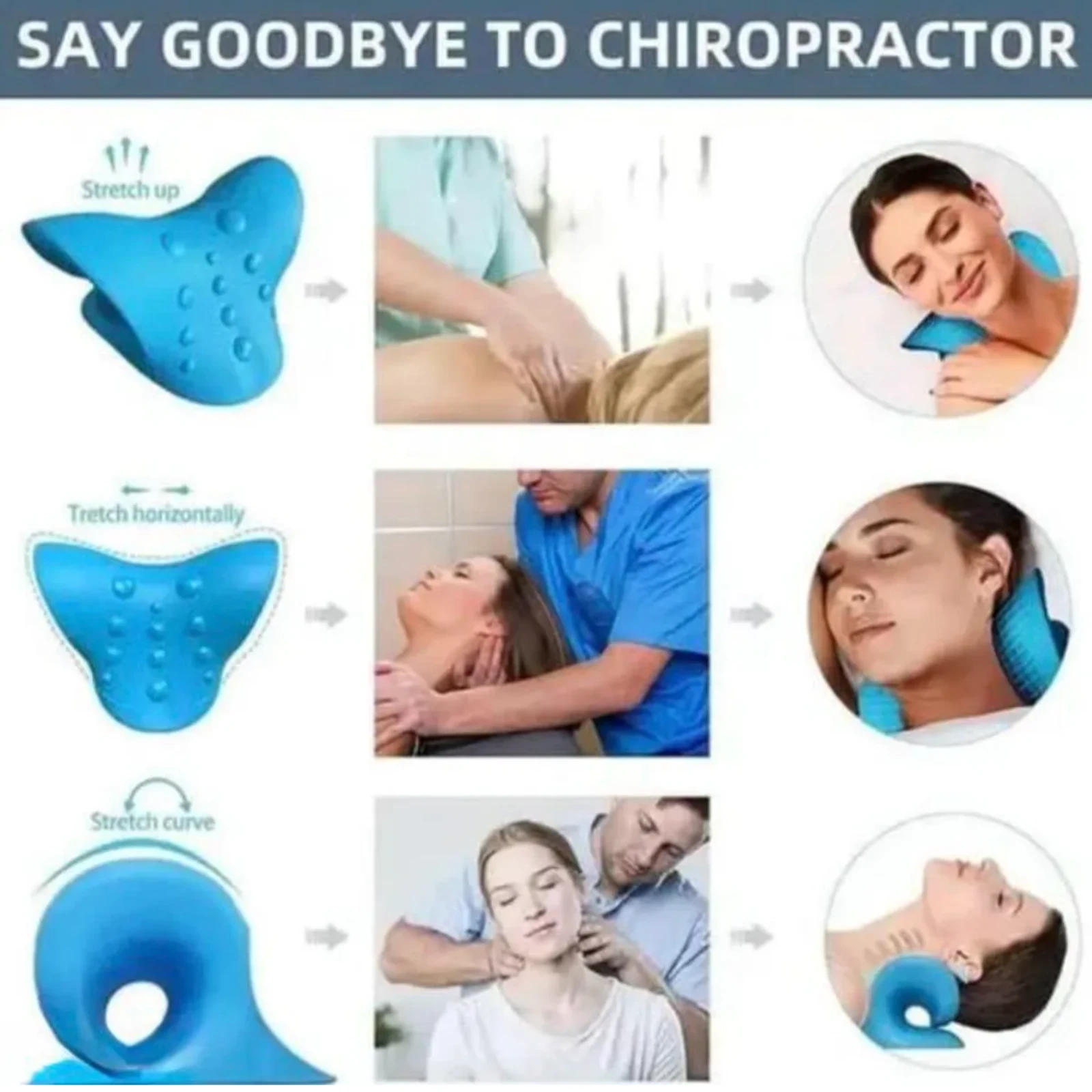 Comparison infographic with blue neck stretcher beside chiropractic treatment scenes and women resting on the device