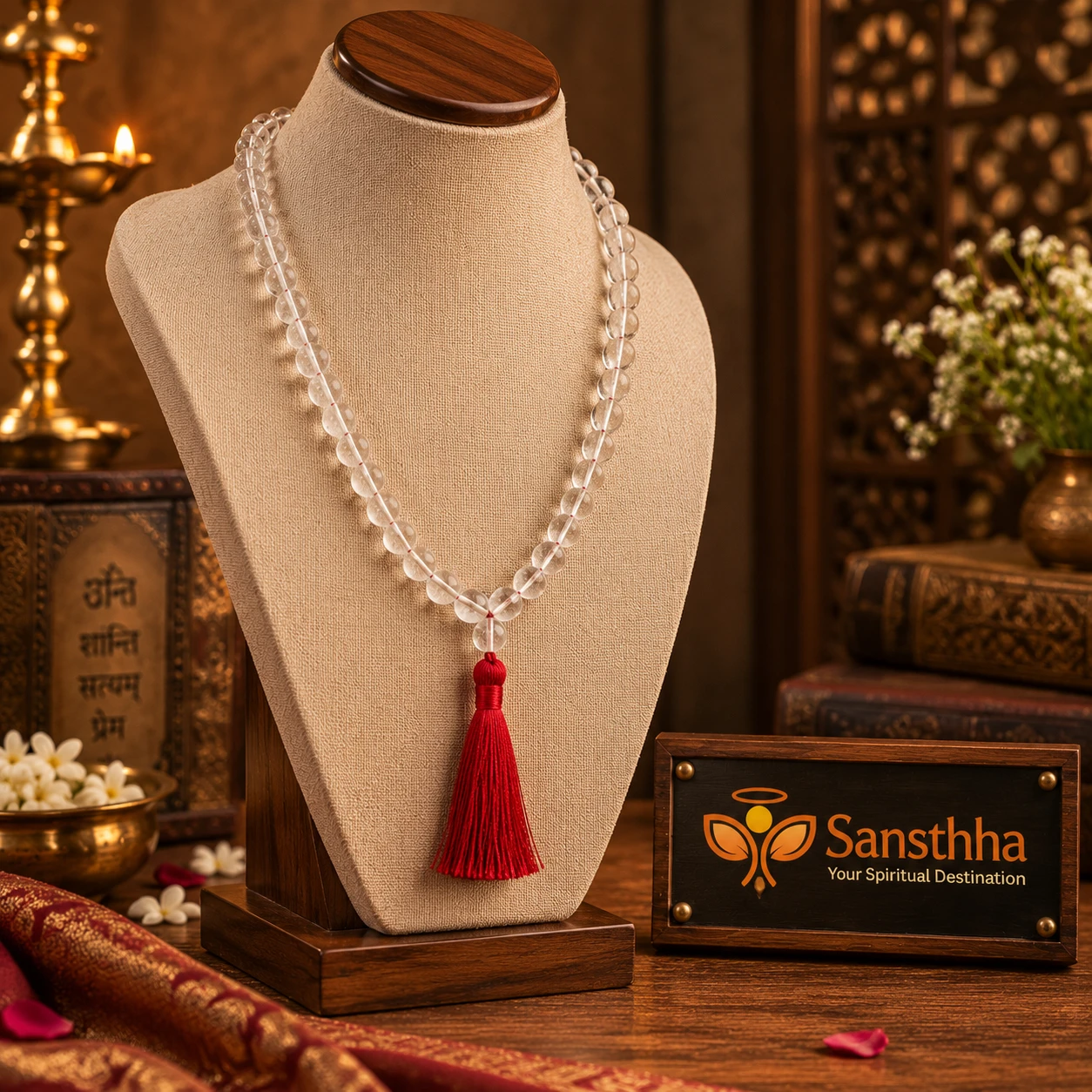 Clear round-bead mala with red tassel displayed on a beige necklace bust with Sansthha nameplate