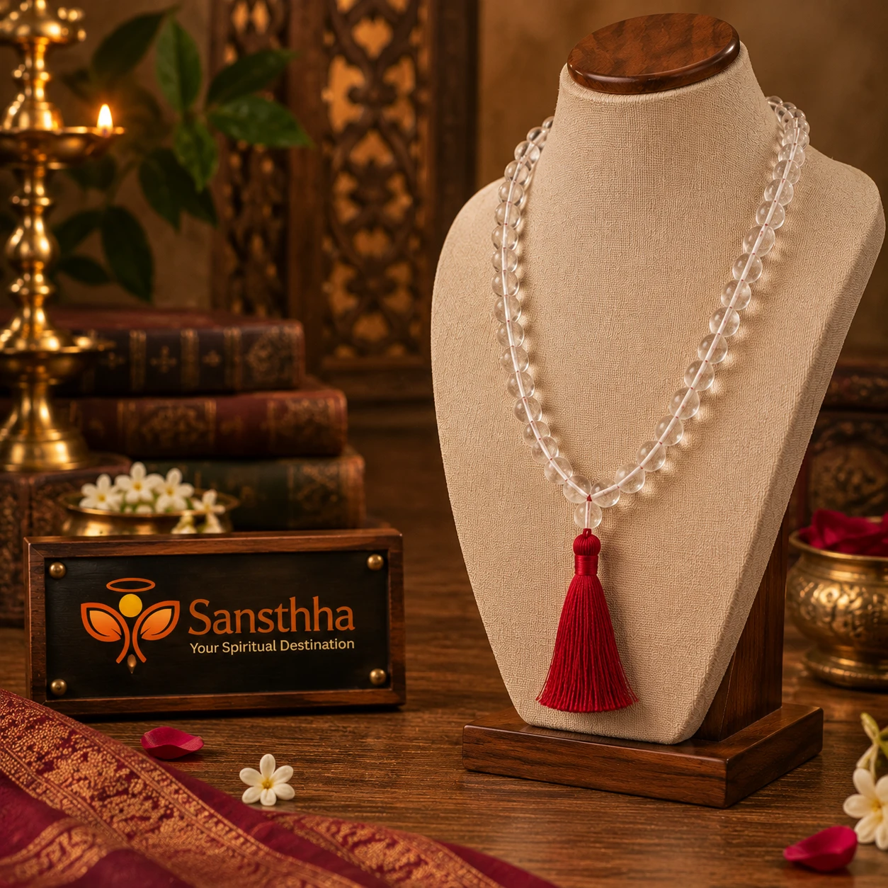 Angled view of transparent beaded prayer mala draped on a stand, highlighting the deep red tassel