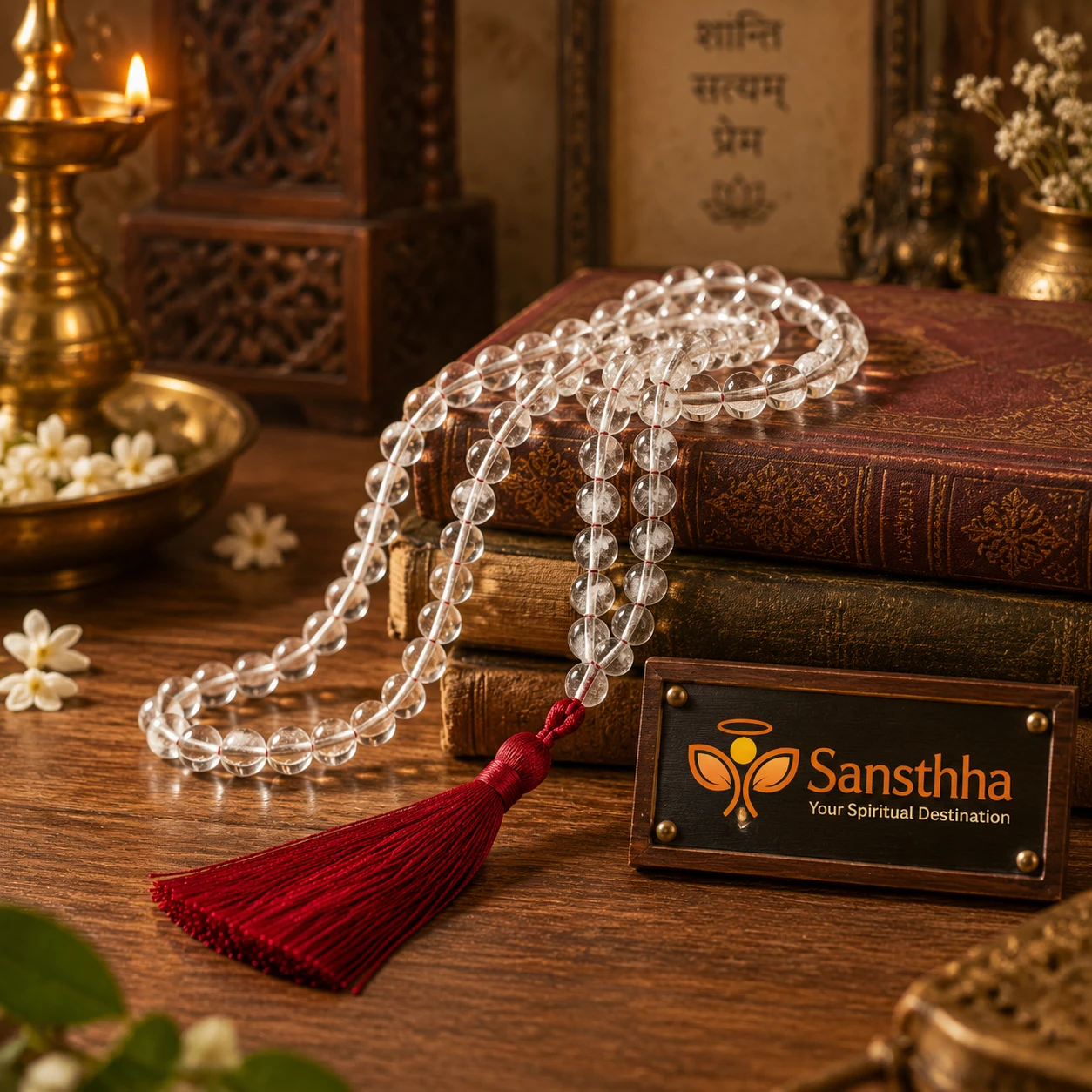 Close view of the mala laid over stacked vintage books, showing clear beads and silky red tassel