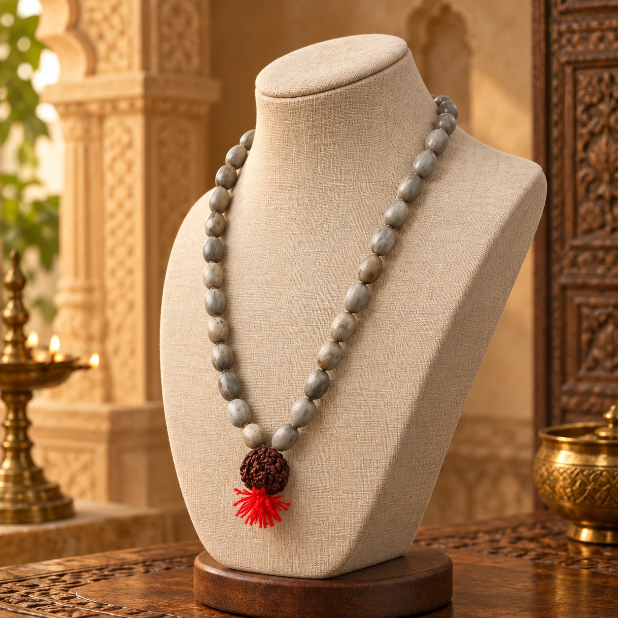 Angled front view of grey oval bead necklace with rudraksha pendant and bright red tassel on bust stand
