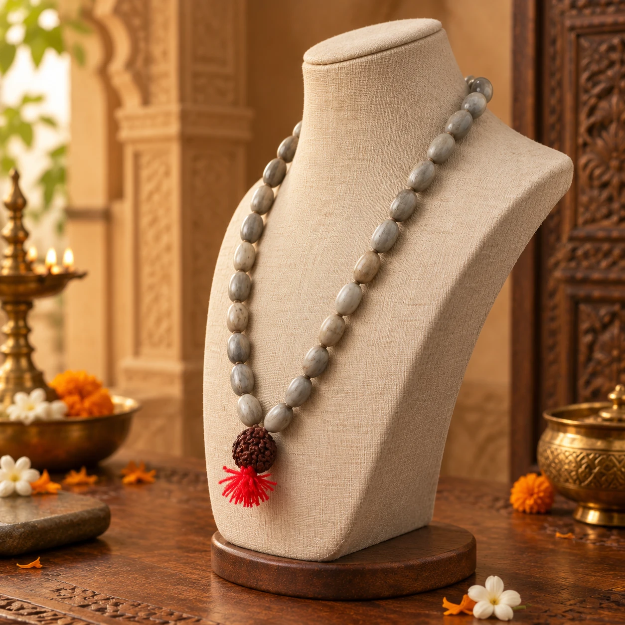 Three-quarter view highlighting marbled grey beads and centered rudraksha charm with red thread tassel