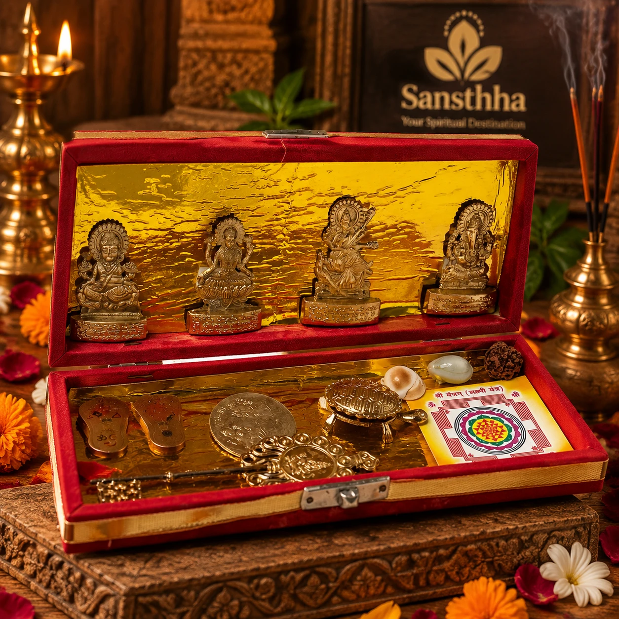 Front angled view of the spiritual gift set showing idols, metal tortoise, paduka and yantra card inside