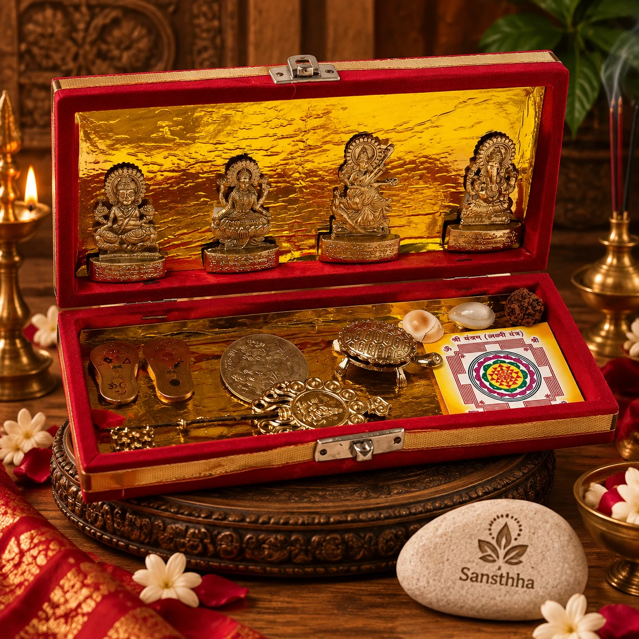 Wider styled view of the open pooja kit with red brocade cloth, incense stand and Sansthha stone prop