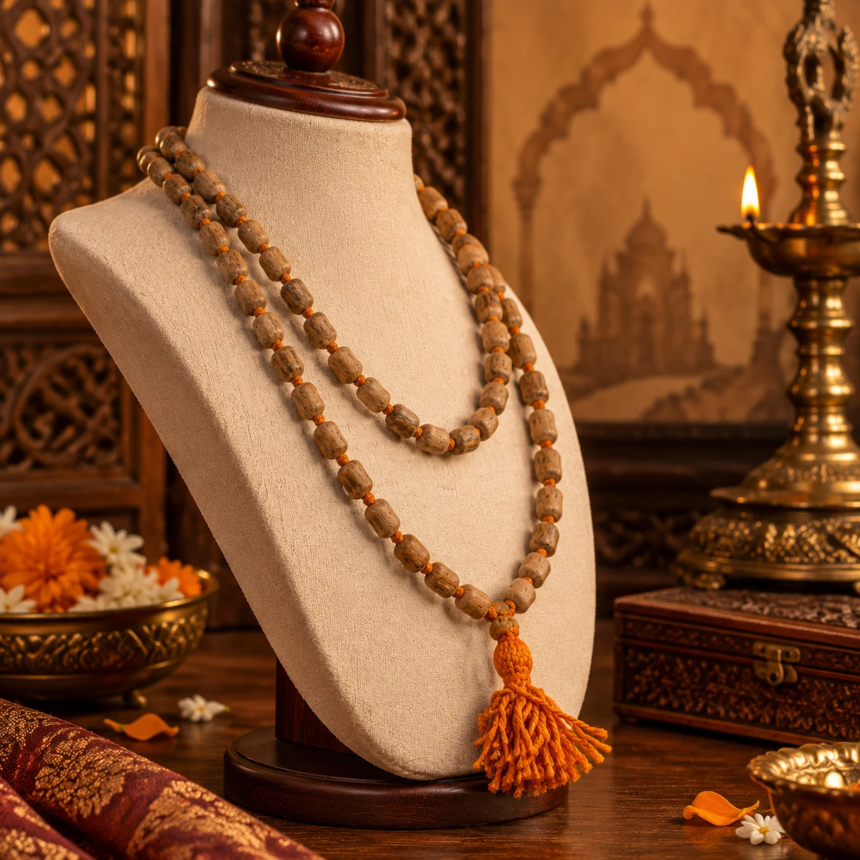 Angled front view of a long wooden bead necklace on a cream bust with orange tassel hanging low