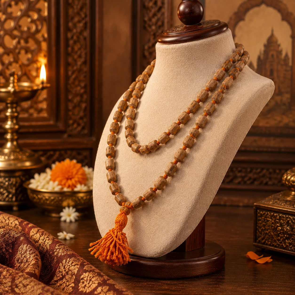 Right-angled view showing the natural wood-grain beads and knotted orange tassel detail