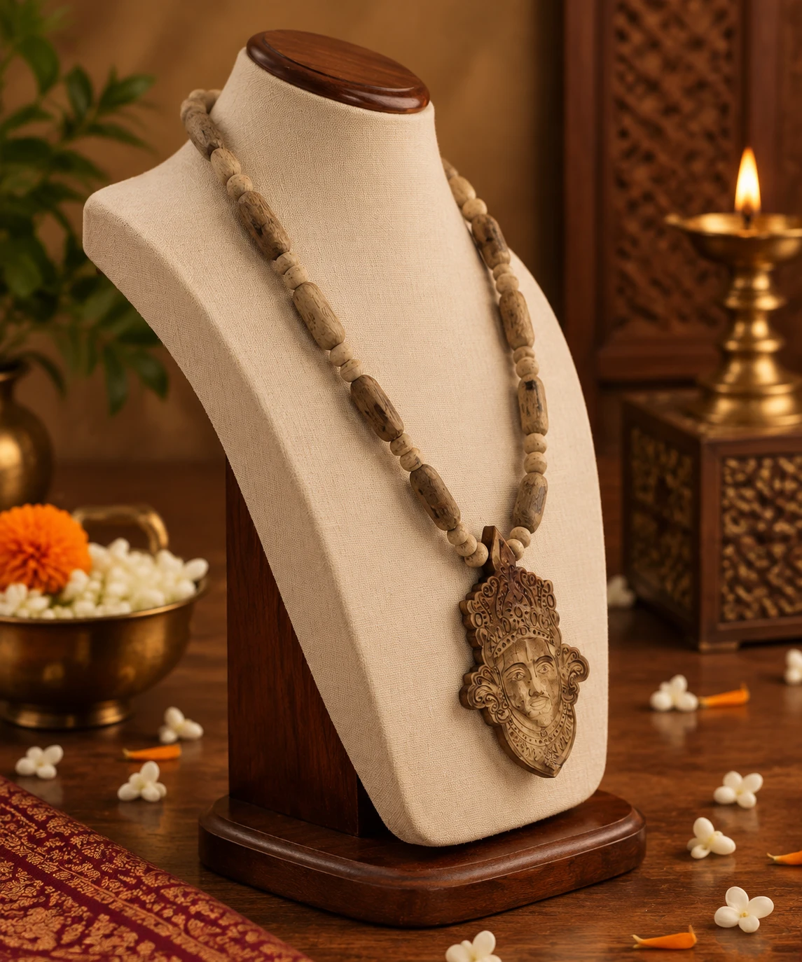Left-angled view showing natural wood grain beads and ornate face pendant detail