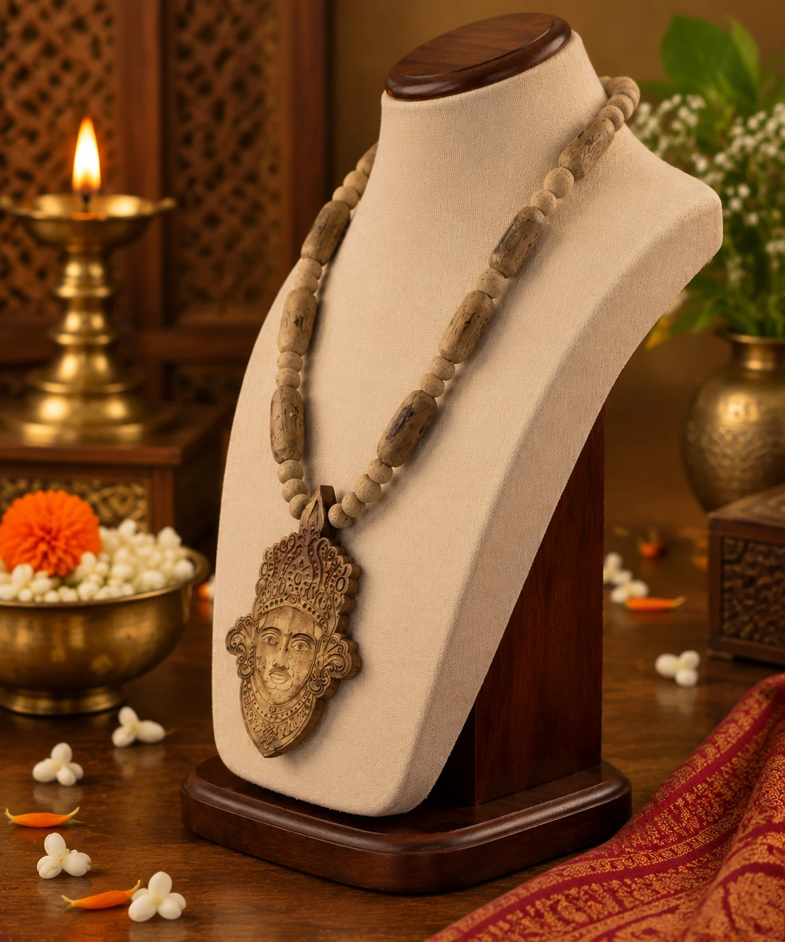 Right-angled close view of the chunky wooden necklace with carved pendant and bead spacing