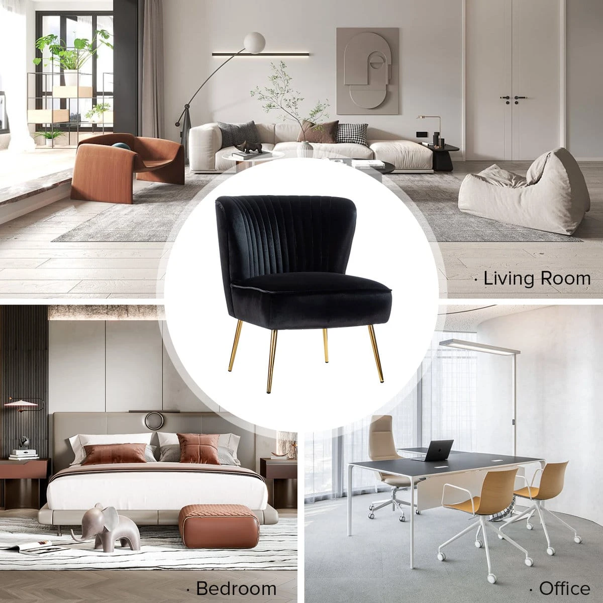 Black velvet accent chair with gold legs shown as a decor option for living room, bedroom and office