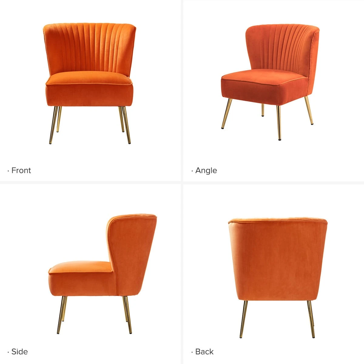 Orange velvet chair shown in front, angled, side and back views on a white background