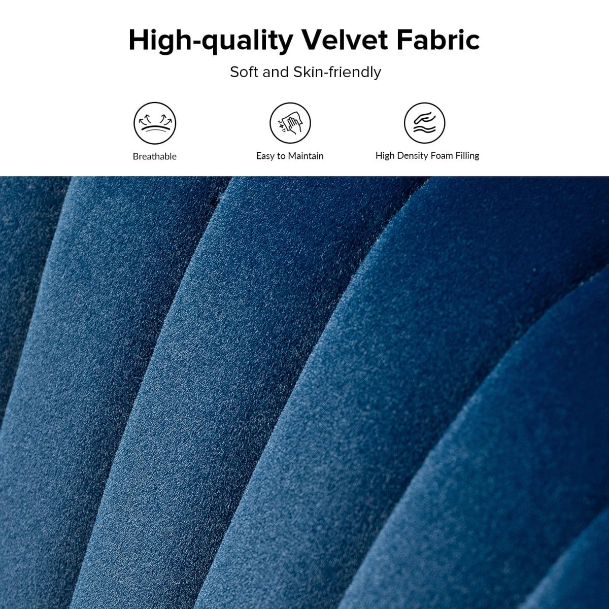 Macro view of blue velvet upholstery with text highlighting breathable fabric and high-density foam