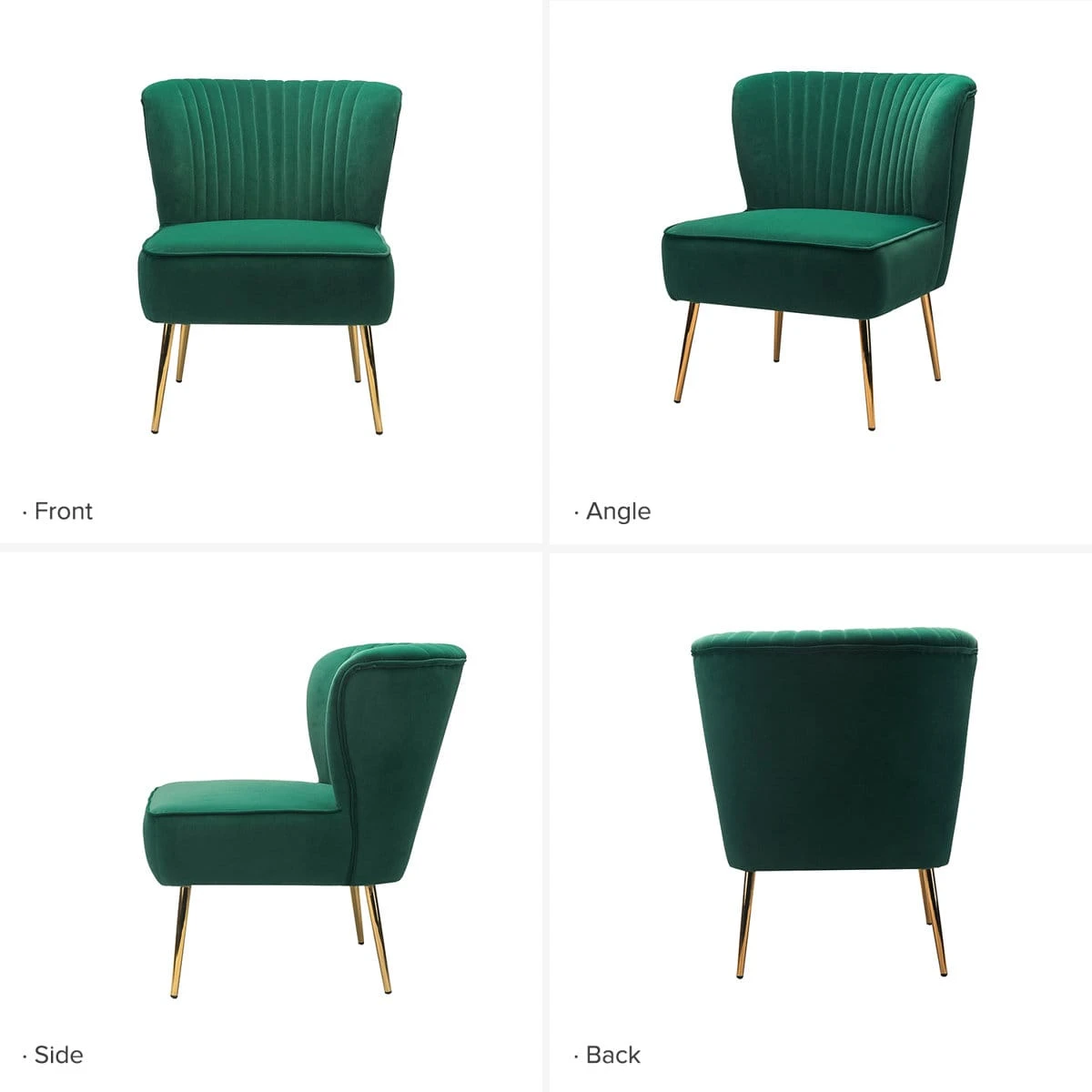 Green velvet chair shown in front, angled, side and back views with gold metal legs