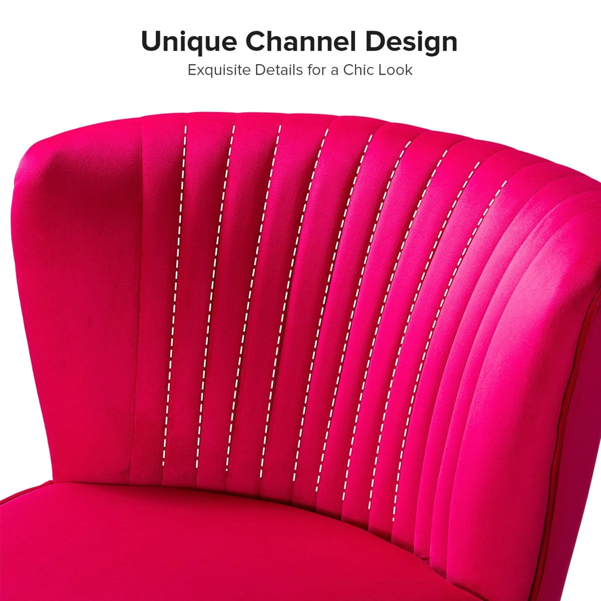 Close-up of pink channel-tufted backrest highlighting the chair's curved stitched design