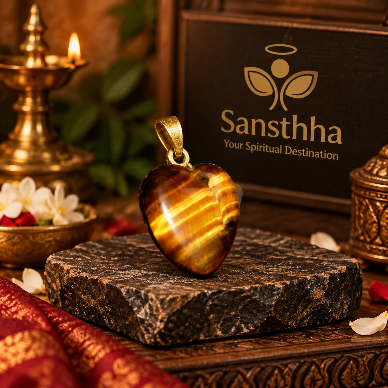 Heart-shaped tiger eye pendant with gold-tone bail displayed on a dark stone slab