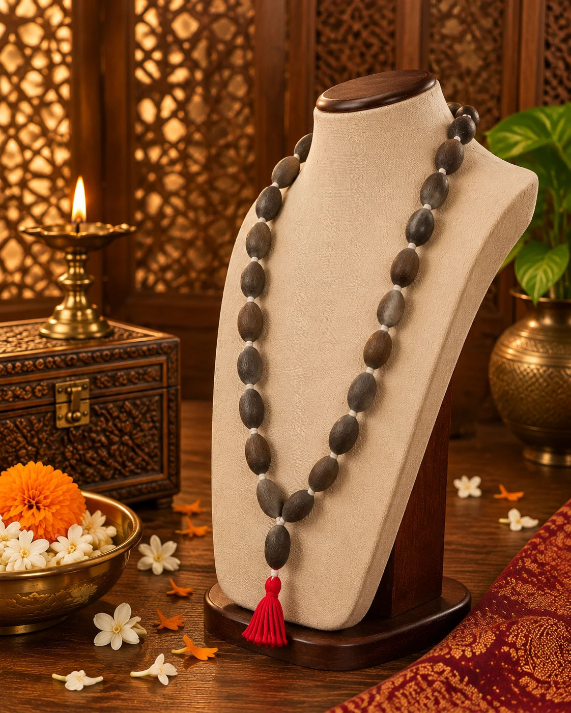 Angled front view of dark oval wooden bead necklace on beige bust stand with red tassel