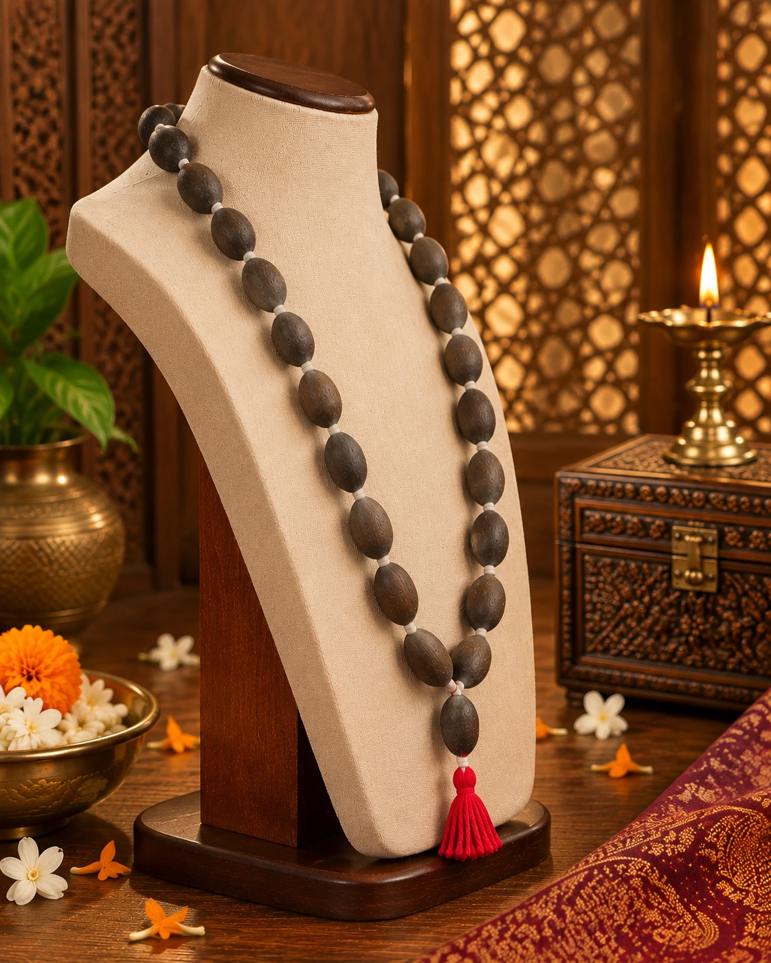 Left-side angled view highlighting textured wooden beads and bright red tassel drop