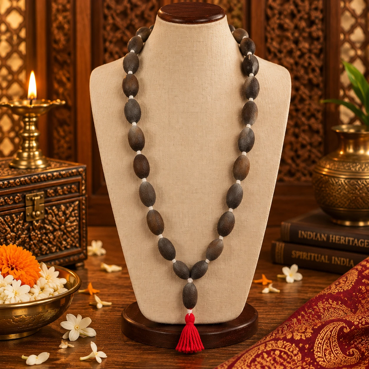 Front view of long dark oval wood bead necklace with white spacers and red tassel on cream display bust
