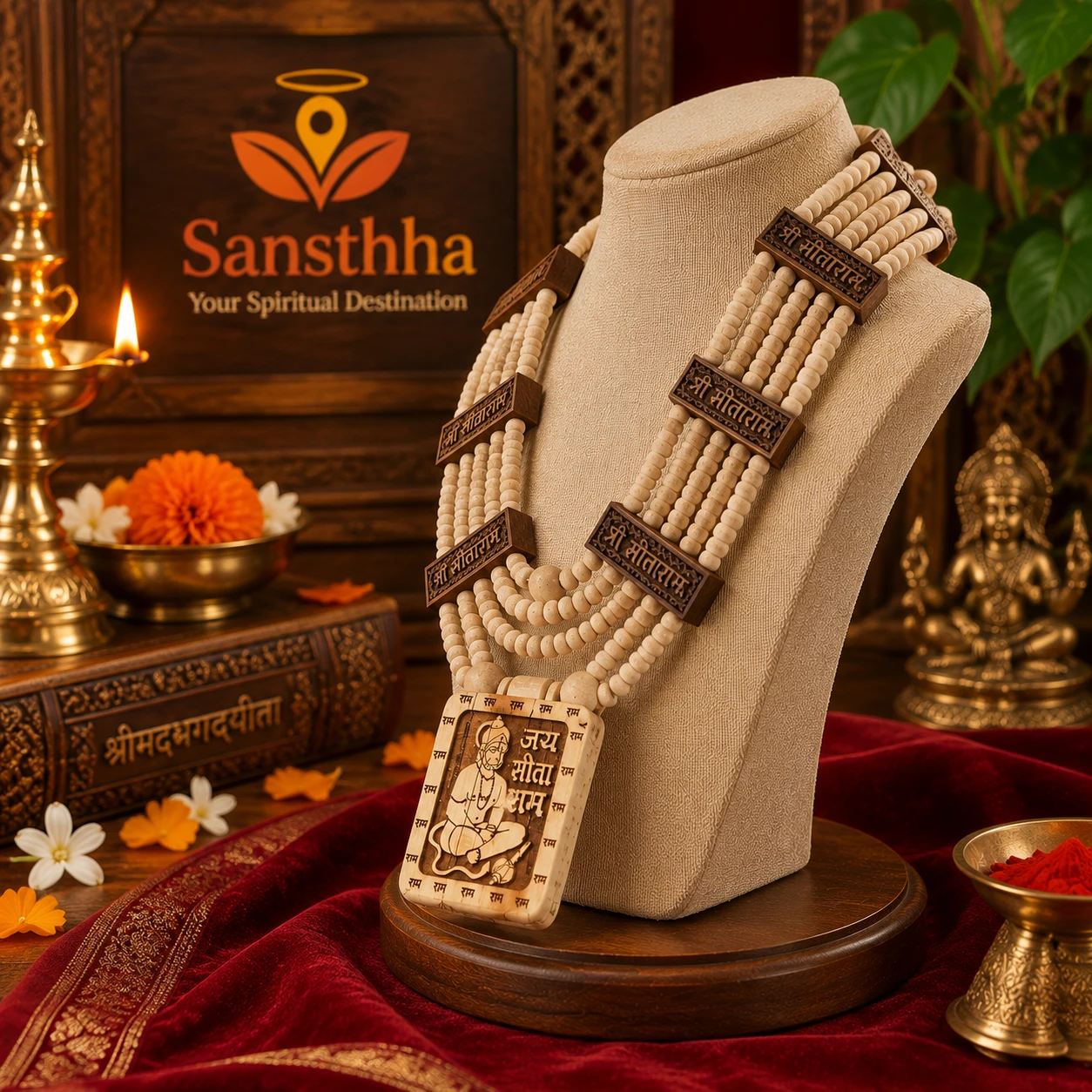 Angled side view highlighting layered bead strands and carved Shri Sitaram plaques with pendant detail