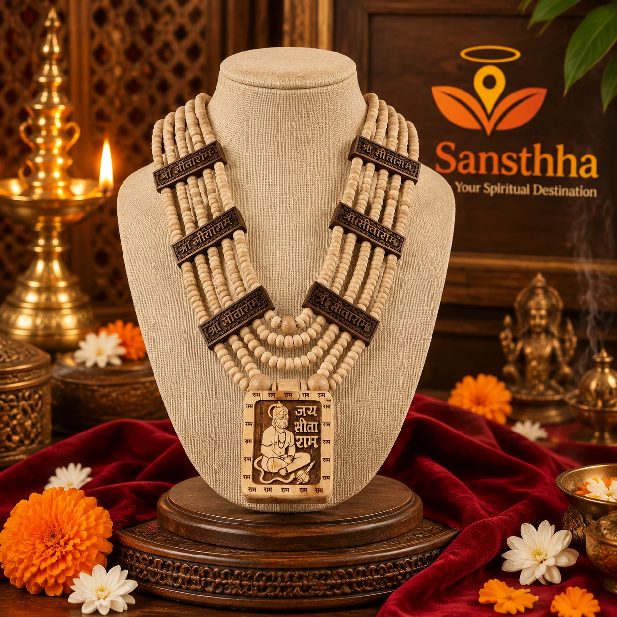 Centered close front display of devotional wooden mala-style necklace against festive temple-inspired backdrop