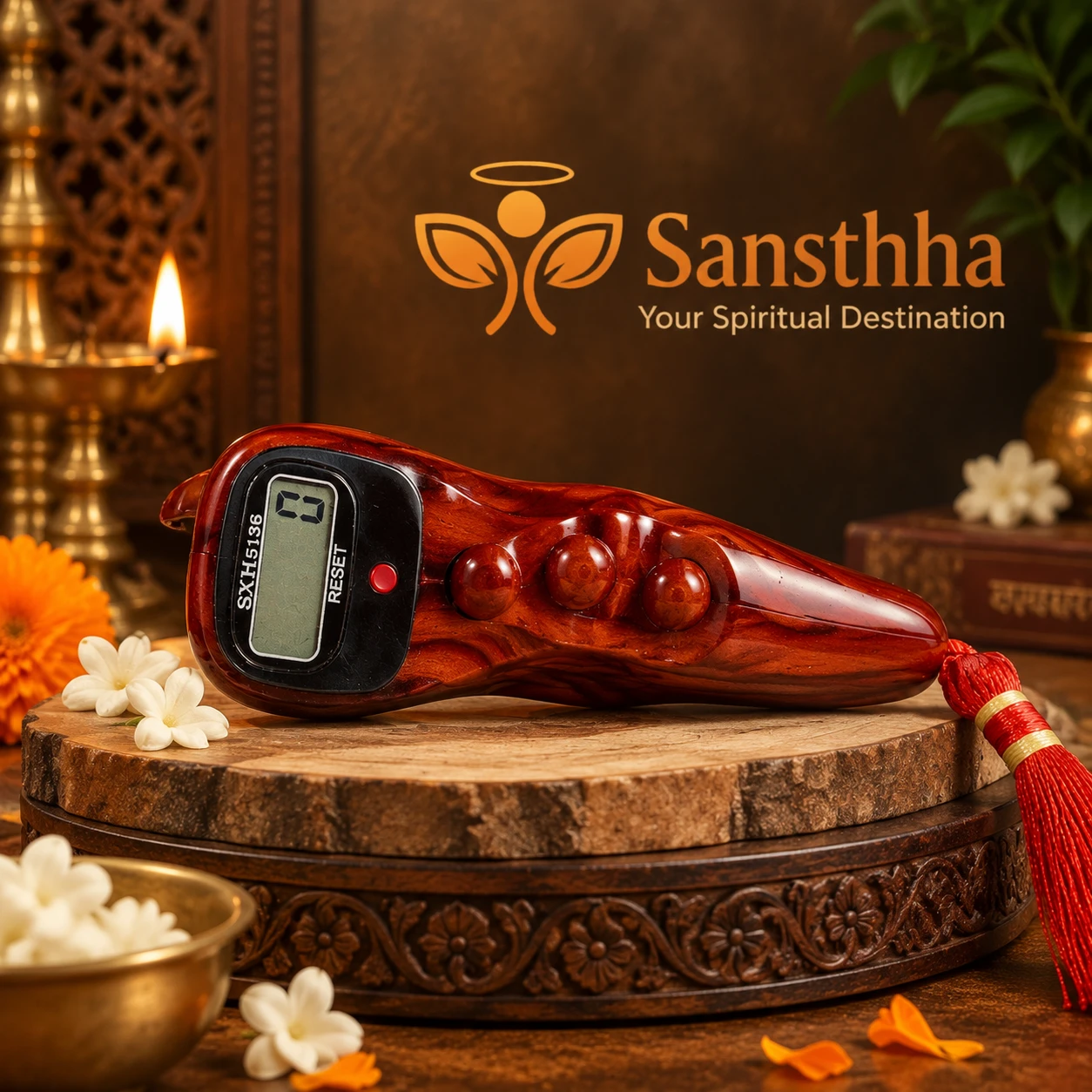 Wood-grain handheld counter displayed on wooden pedestal with visible LCD panel and hanging red tassel