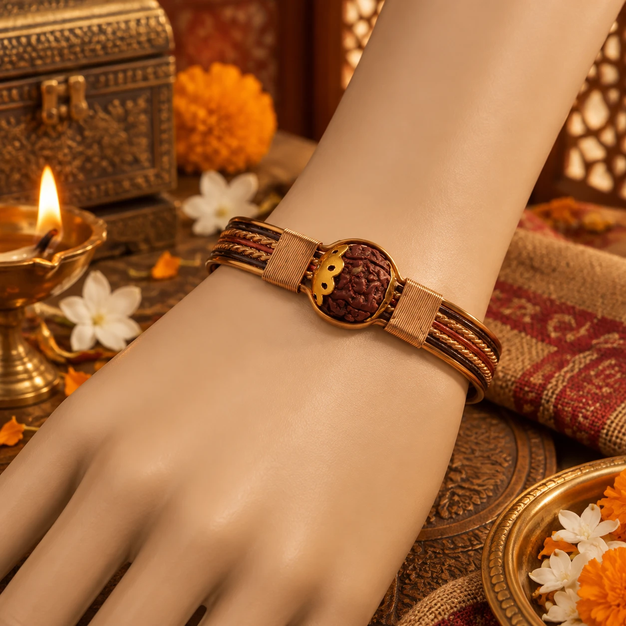 Bracelet worn on a mannequin wrist showing the rudraksha centerpiece and layered metallic bands