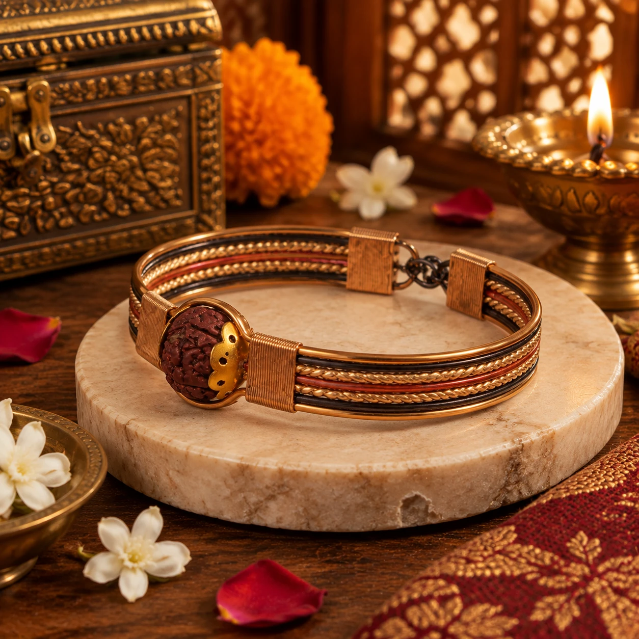 Close-up of the bracelet clasp and layered gold, black, and rust bands with rudraksha bead on a marble slab