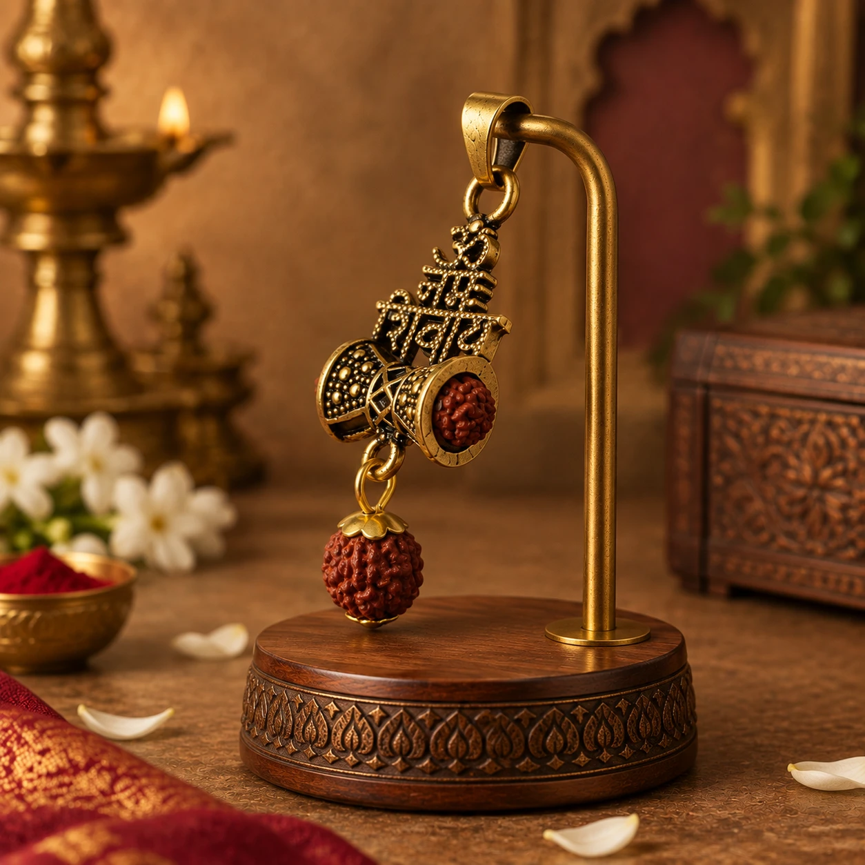 Angled side view showing raised Om Namah Shivaya lettering and textured damru ends with hanging bead