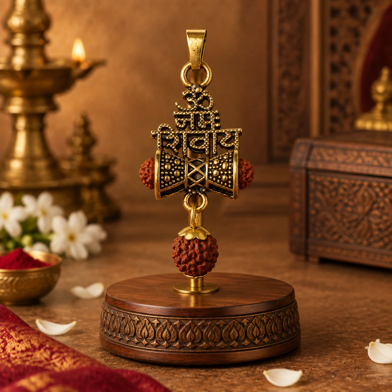 Centered close-up of Shivaya damru pendant with rudraksha beads, displayed on an ornate round wooden base