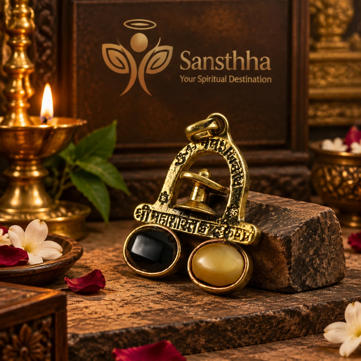Front view of ornate brass spiritual pendant leaning against a rectangular stone in pooja decor