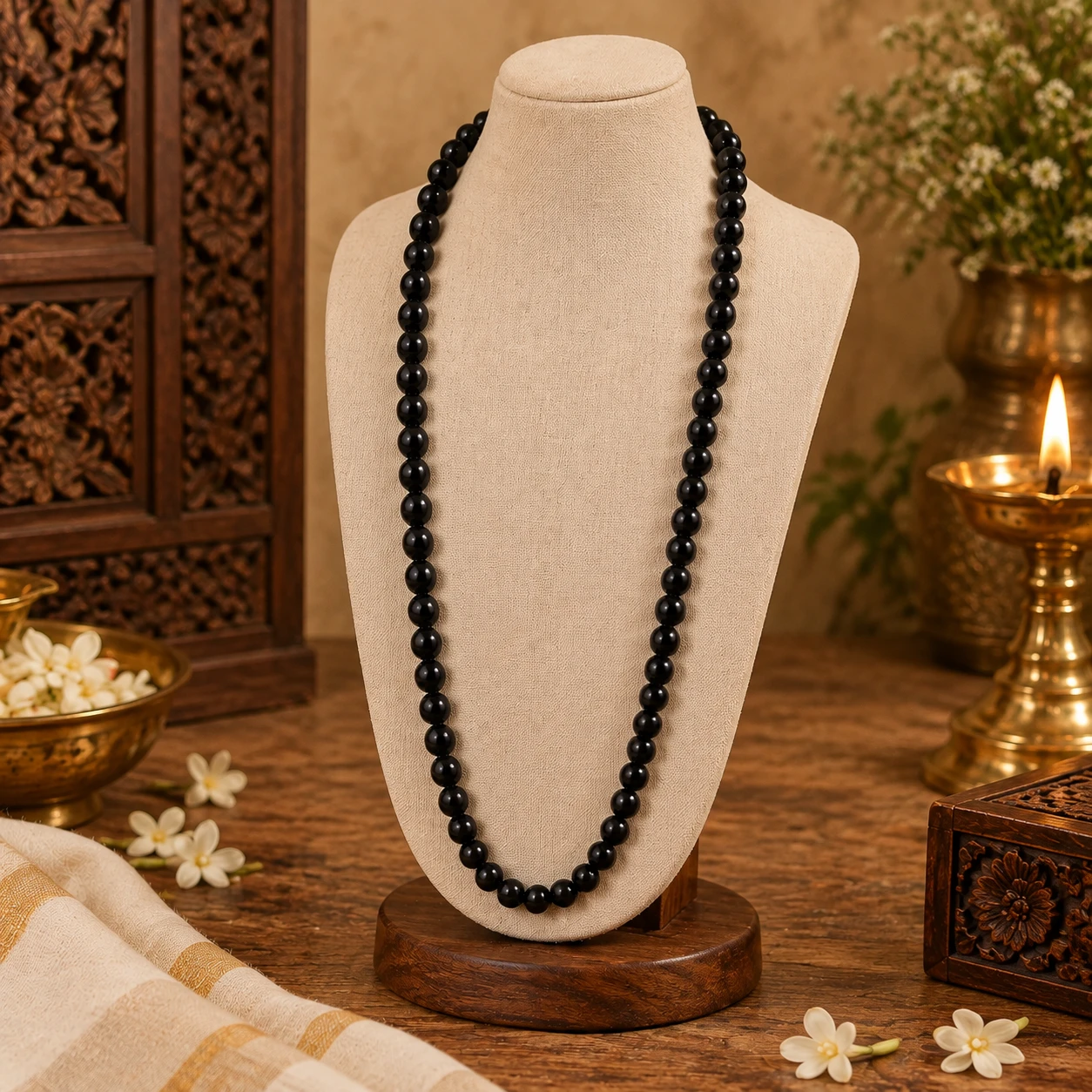 Long black beaded necklace displayed on a cream bust stand with warm festive decor