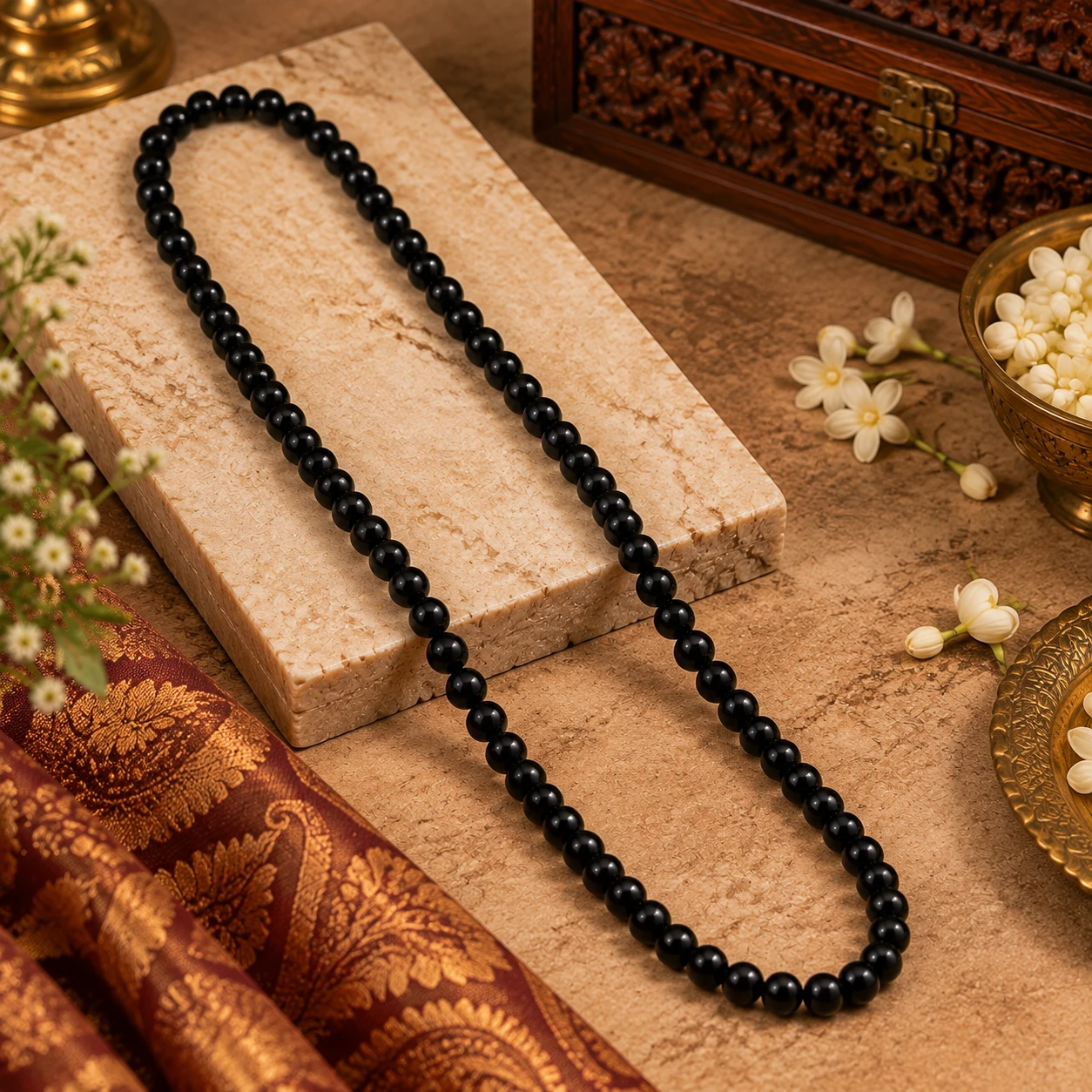 Single-strand black bead necklace laid flat on a beige slab with floral and carved box accents