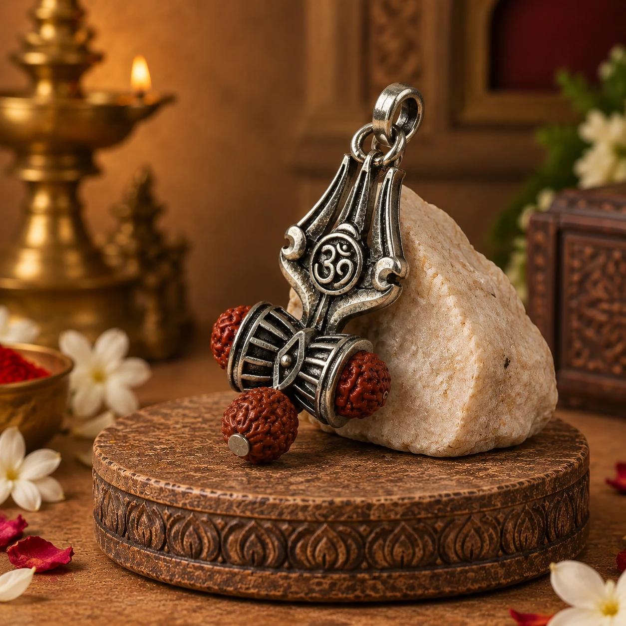 Angled side view of the Om trishul pendant showing textured rudraksha beads and antique detailing