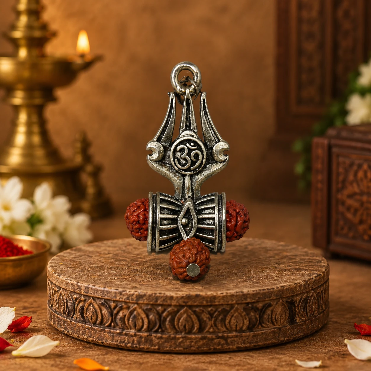 Front view close-up of the pendant highlighting the Om symbol, trishul top and three rudraksha beads