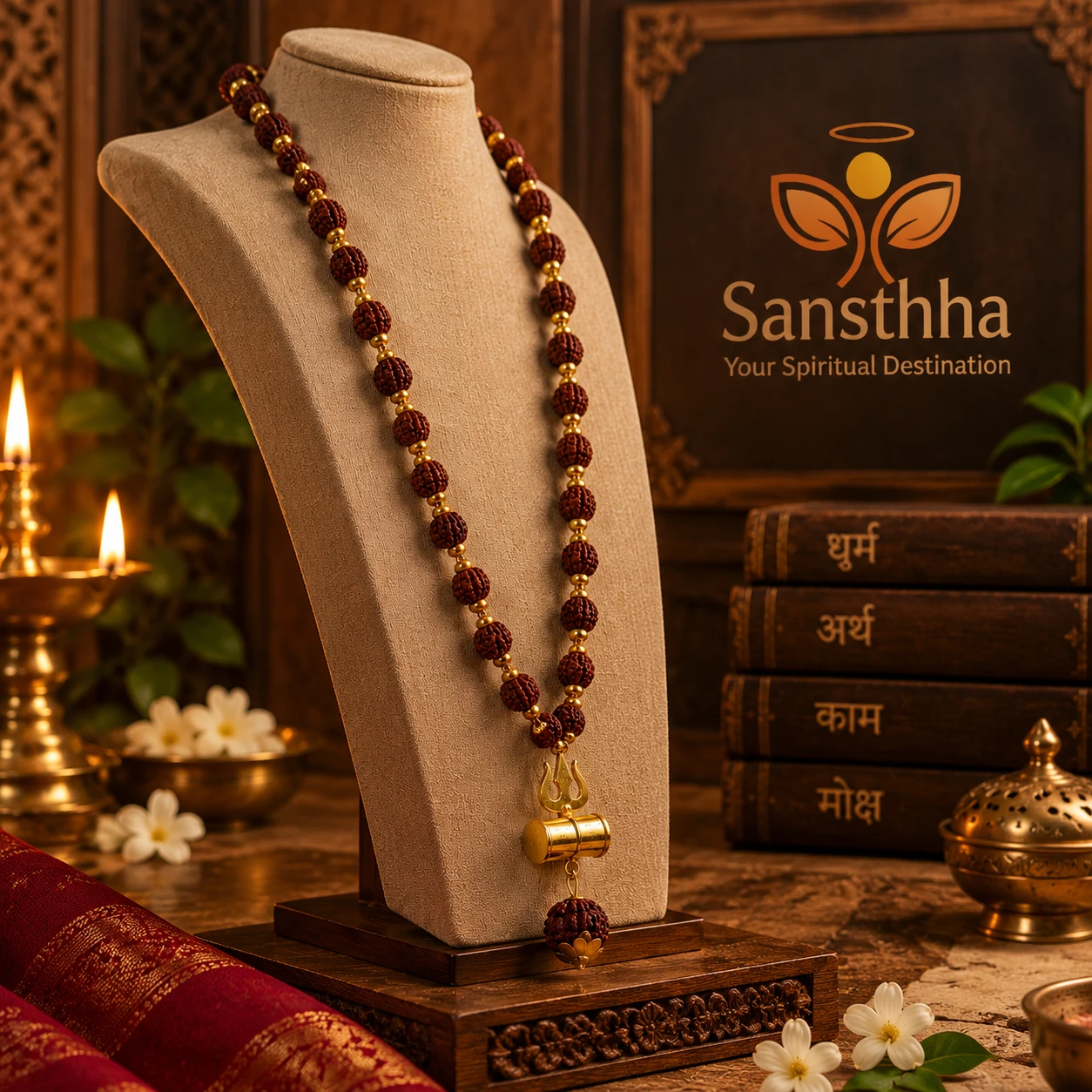 Rudraksha-style bead necklace on beige bust with gold trishul and damru pendant, angled left view