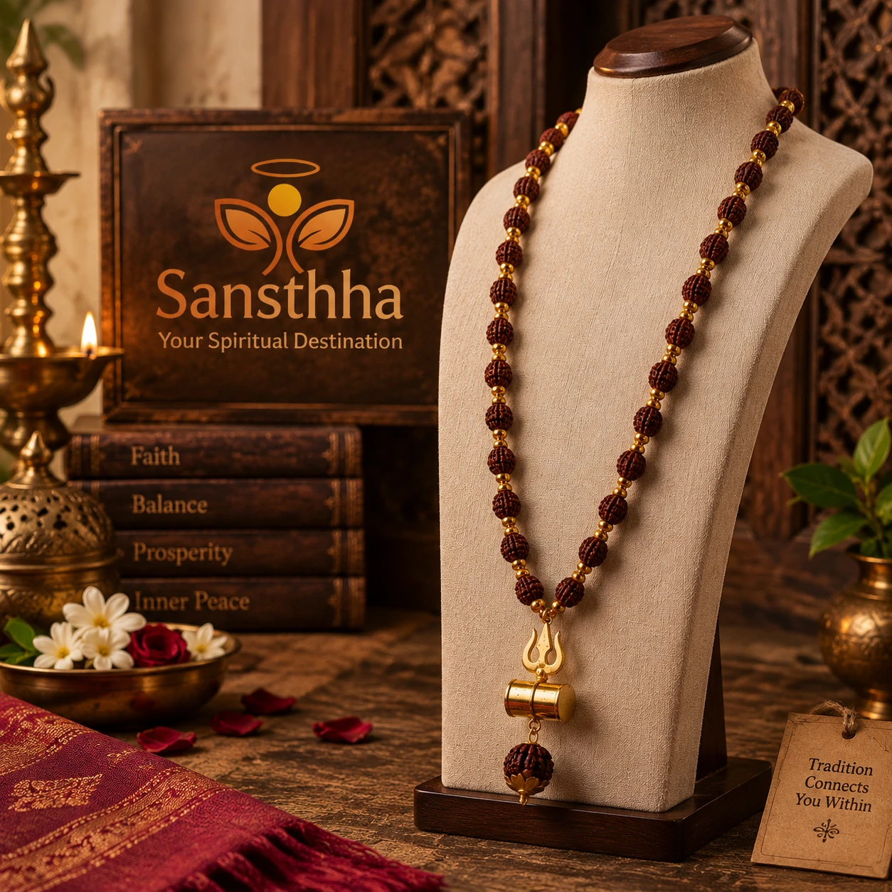 Right-angled display of spiritual bead necklace highlighting the gold trishul pendant and lower bead drop