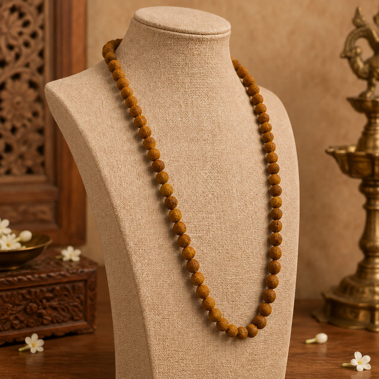 Angled side view showing the round textured brown beads draped on a beige display bust
