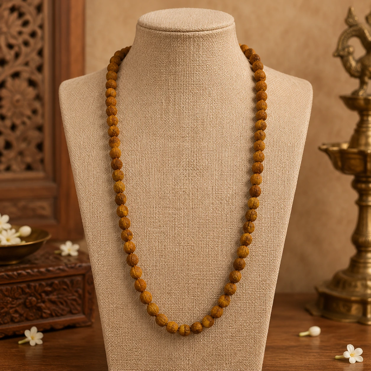 Centered close-up of the full brown bead necklace hanging in a long loop on a beige linen bust