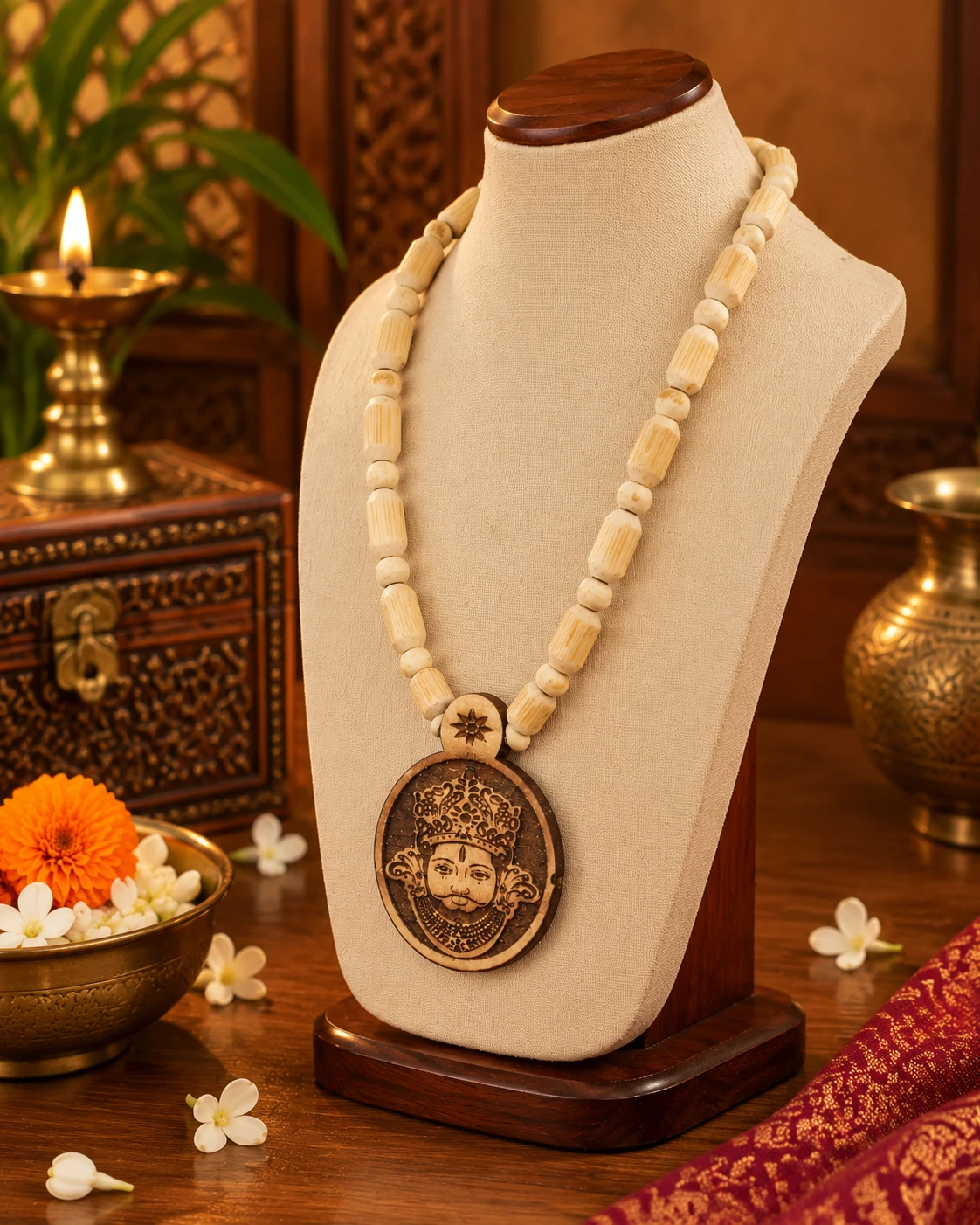 Front view of cream beaded necklace on bust stand with round engraved wooden pendant