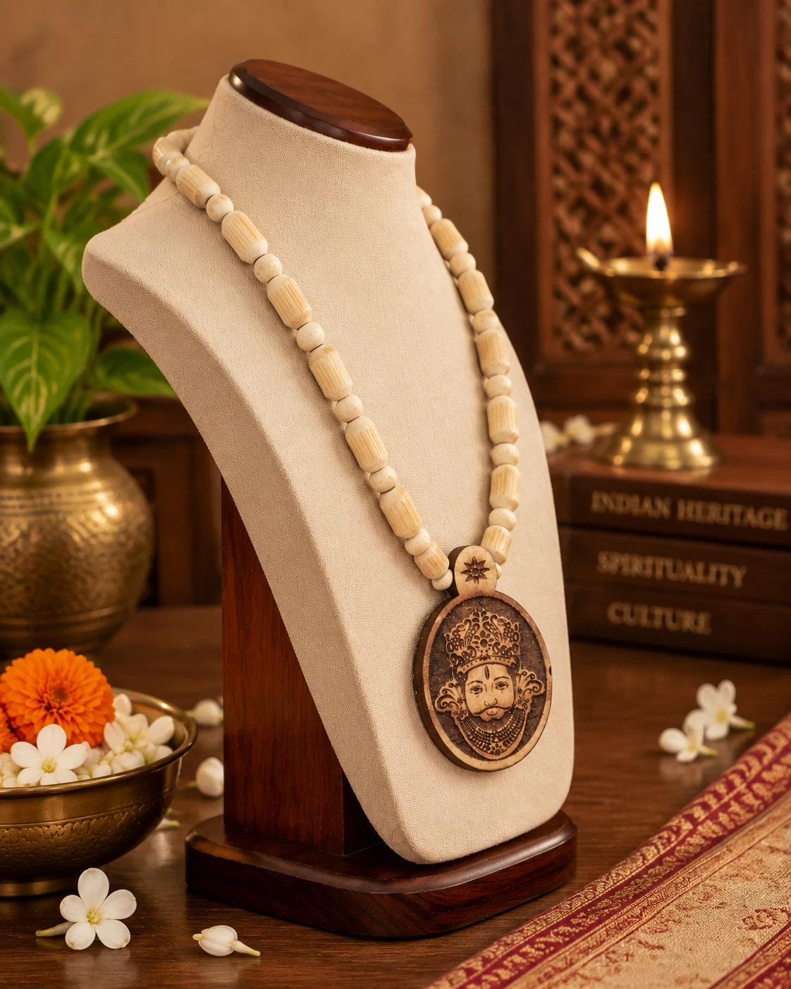 Angled side view showing cylindrical carved beads and royal portrait pendant detail