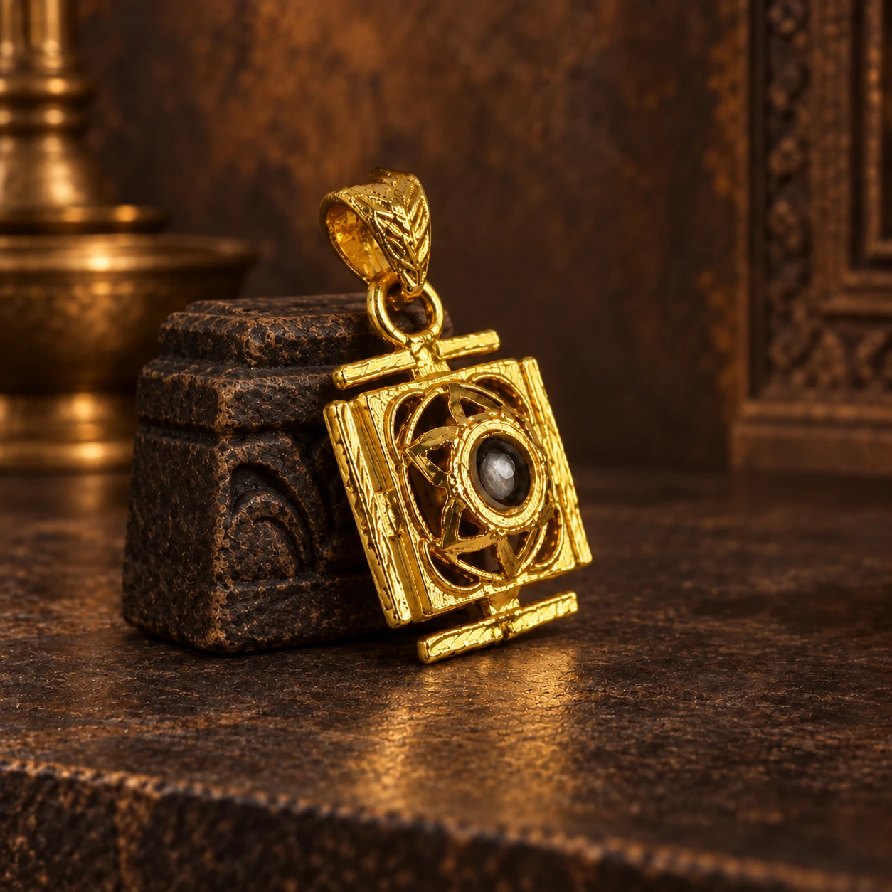 Front angled close-up of the pendant on a dark carved block, highlighting geometric frame details
